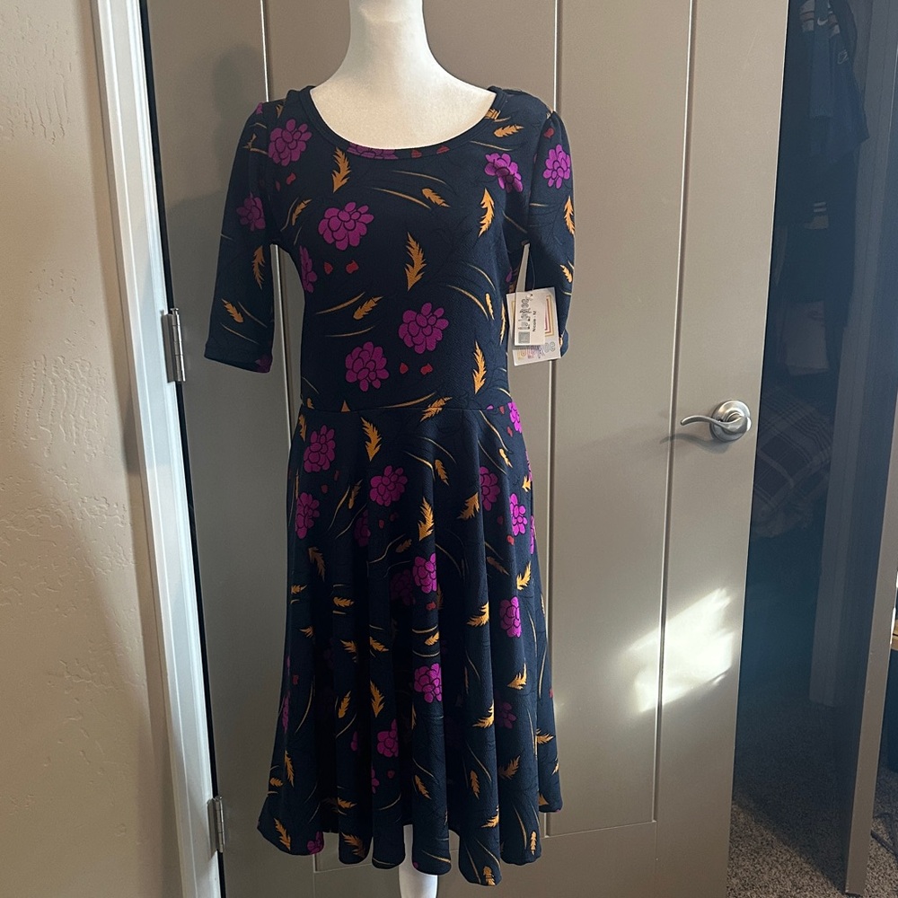 LuLaRoe Black Dress with Purple and Orange Floral Pattern